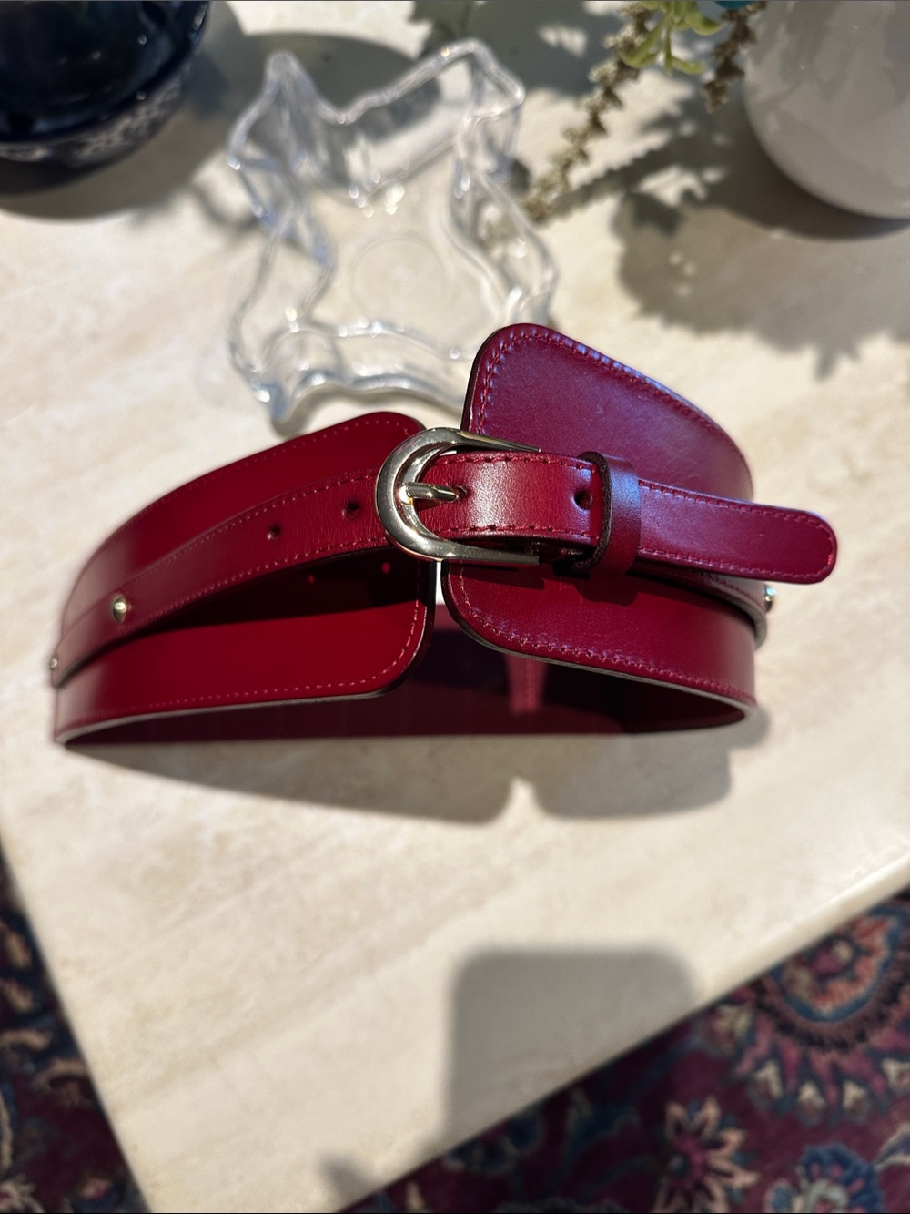 Women’s Wide Red Leather Waist Belt with Silver Buckle stretch